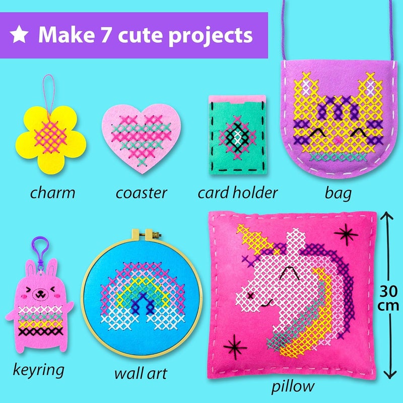 KRAFUN Beginner My First Cross Stitch Kit for Kids Arts & Crafts, 6 Easy Projects of Felt Keyring, Bag, Pillow Craft, Instructions, Gift for Girls and Boys, Learn DIY Crafting, Embroidery - Image 3